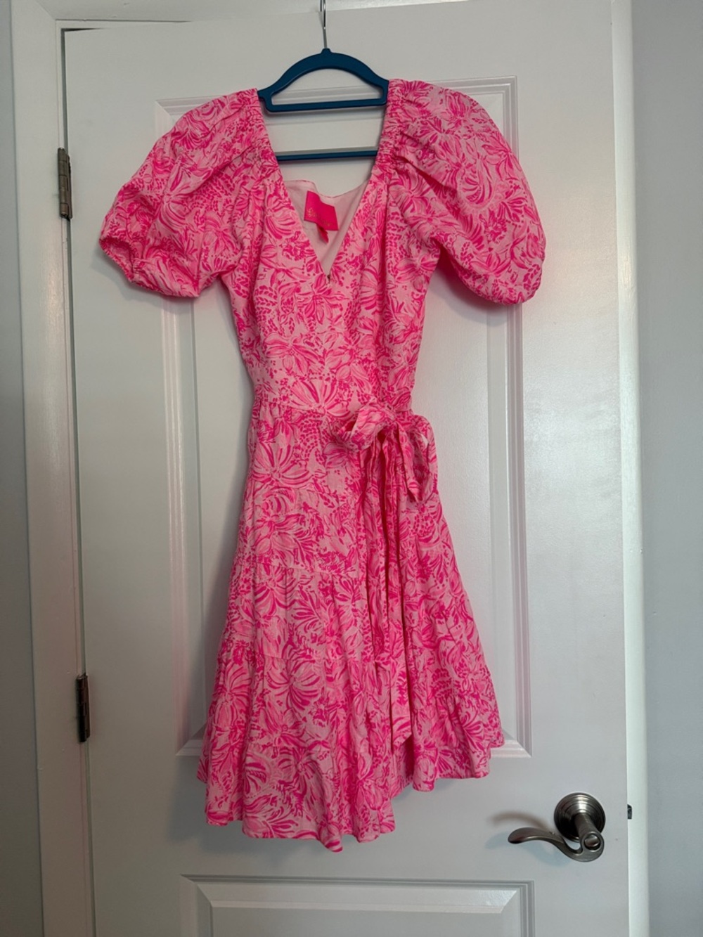 Lilly Pulitzer Hot Pink Floral Puff-Sleeve Wrap Dress